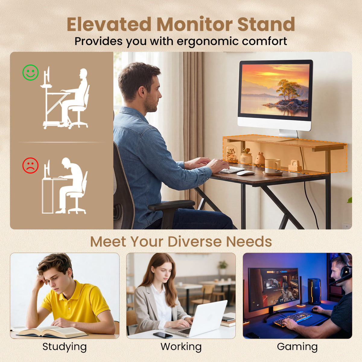 Rolling Computer Desk with Charging Station and Monitor Shelf Storage