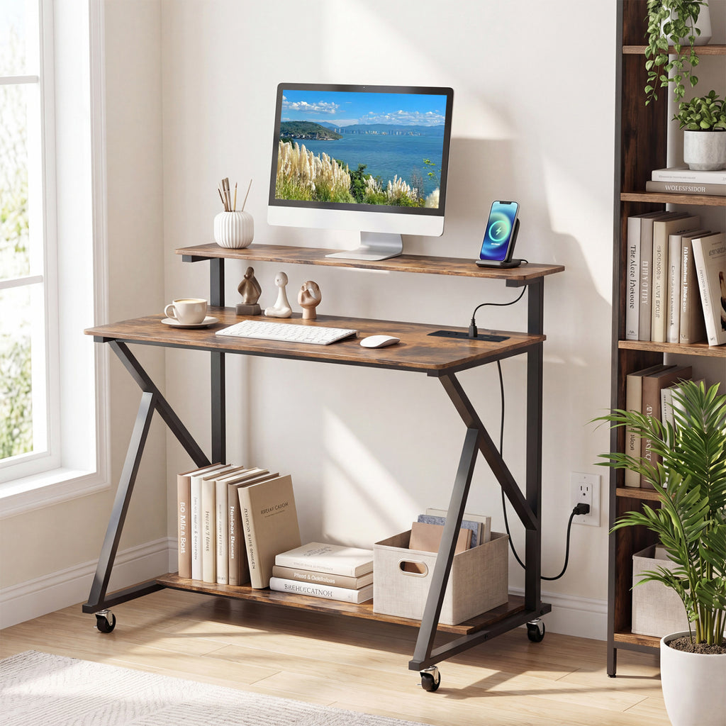 Rolling Computer Desk with Charging Station and Monitor Shelf Storage