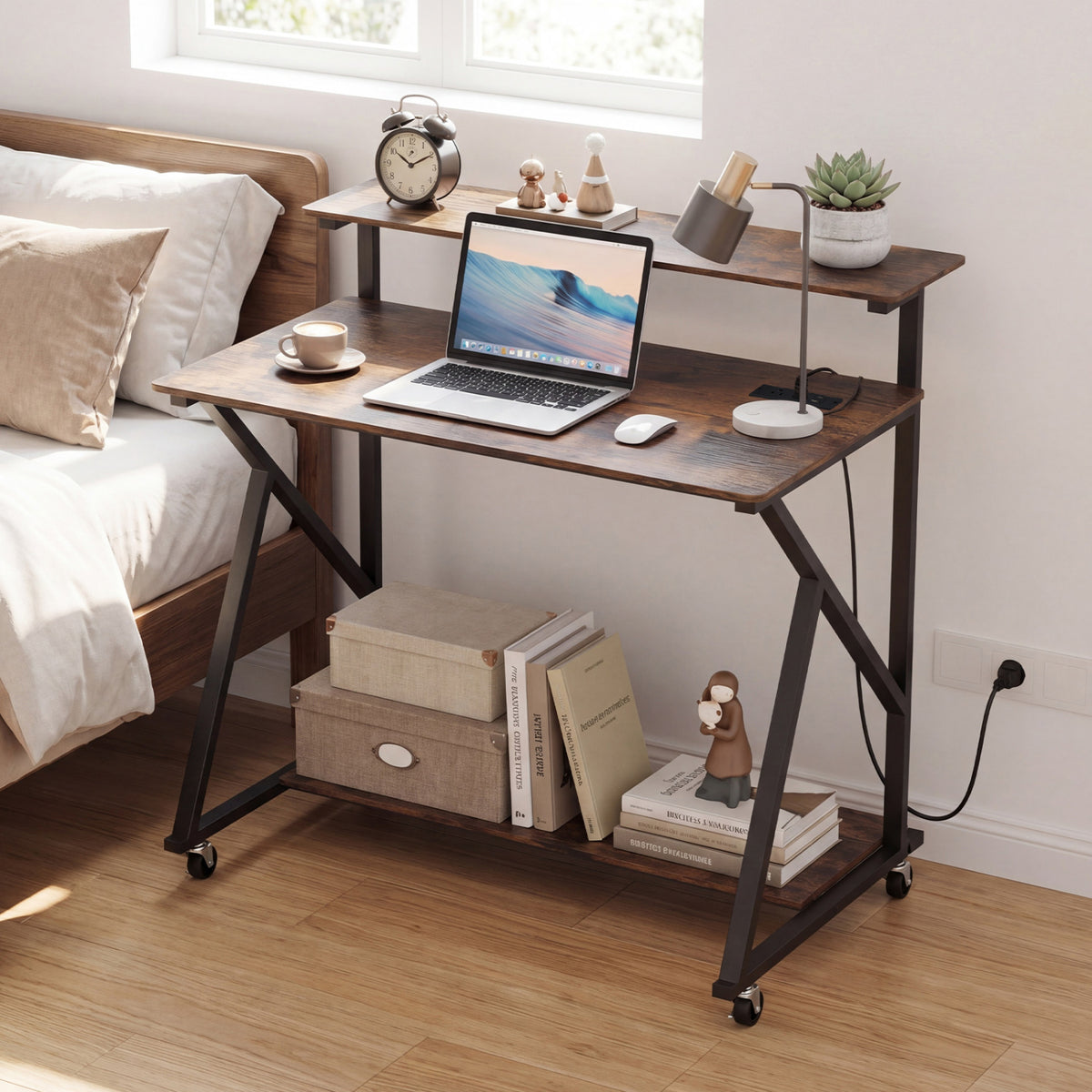Rolling Computer Desk with Charging Station and Monitor Shelf Storage