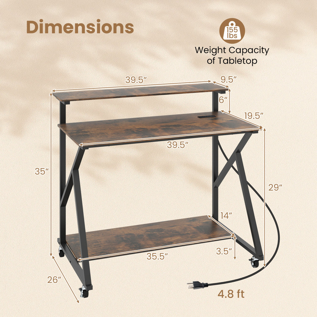 Rolling Computer Desk with Charging Station and Monitor Shelf Storage