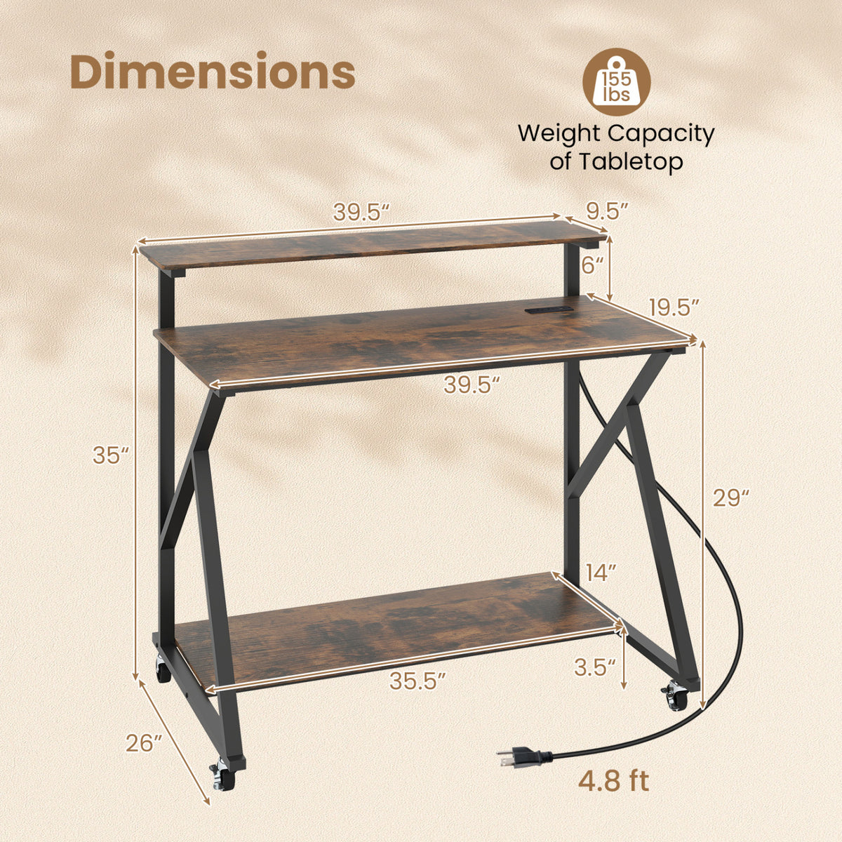 Rolling Computer Desk with Charging Station and Monitor Shelf Storage