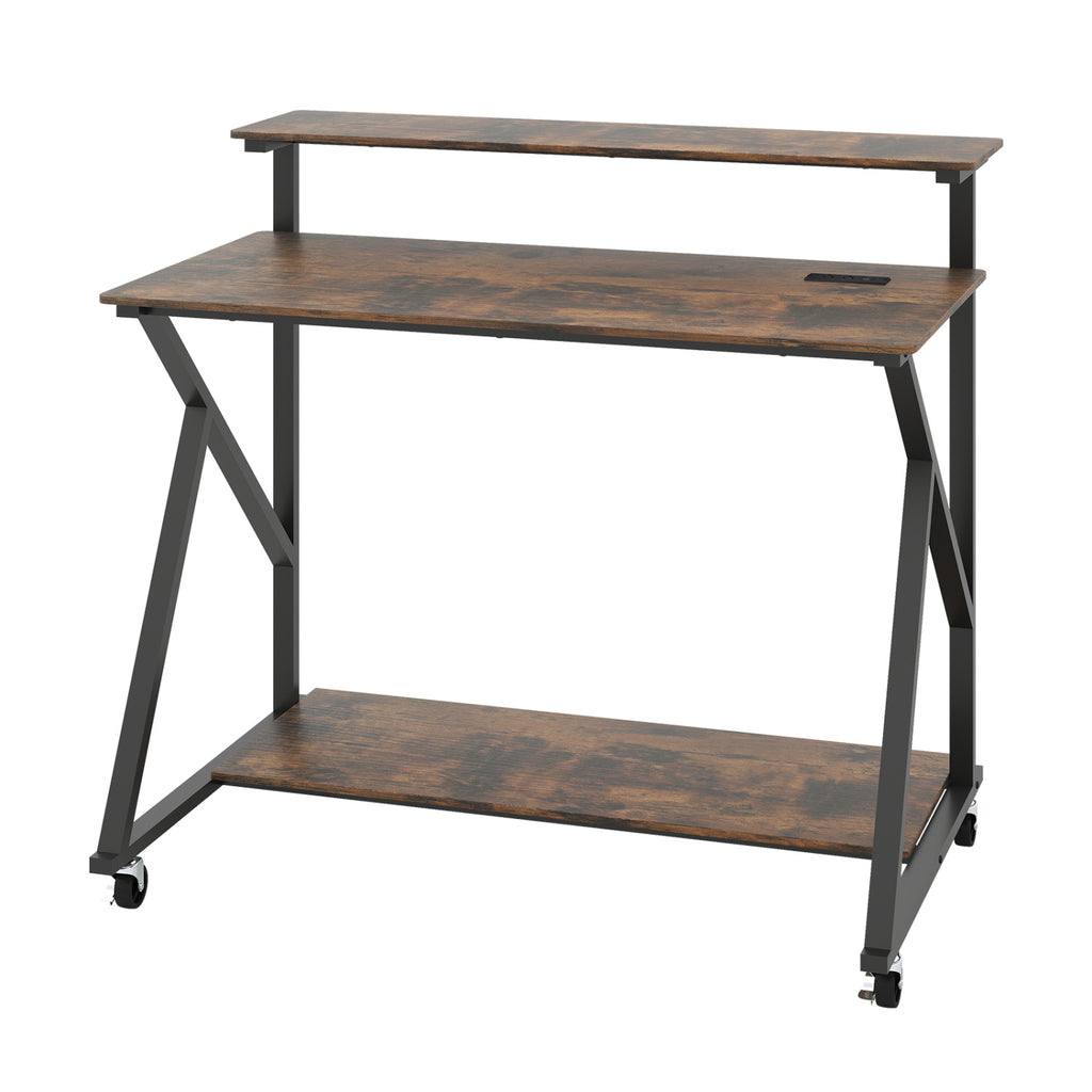 Rolling Computer Desk with Charging Station and Monitor Shelf Storage