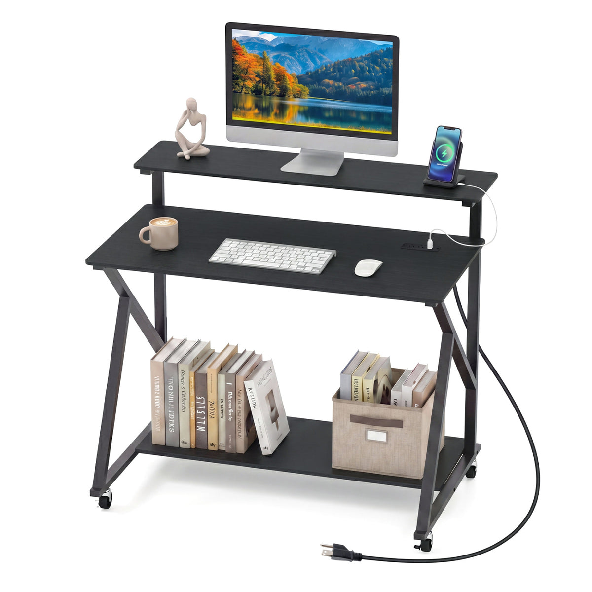 Rolling Computer Desk with Charging Station and Monitor Shelf Storage