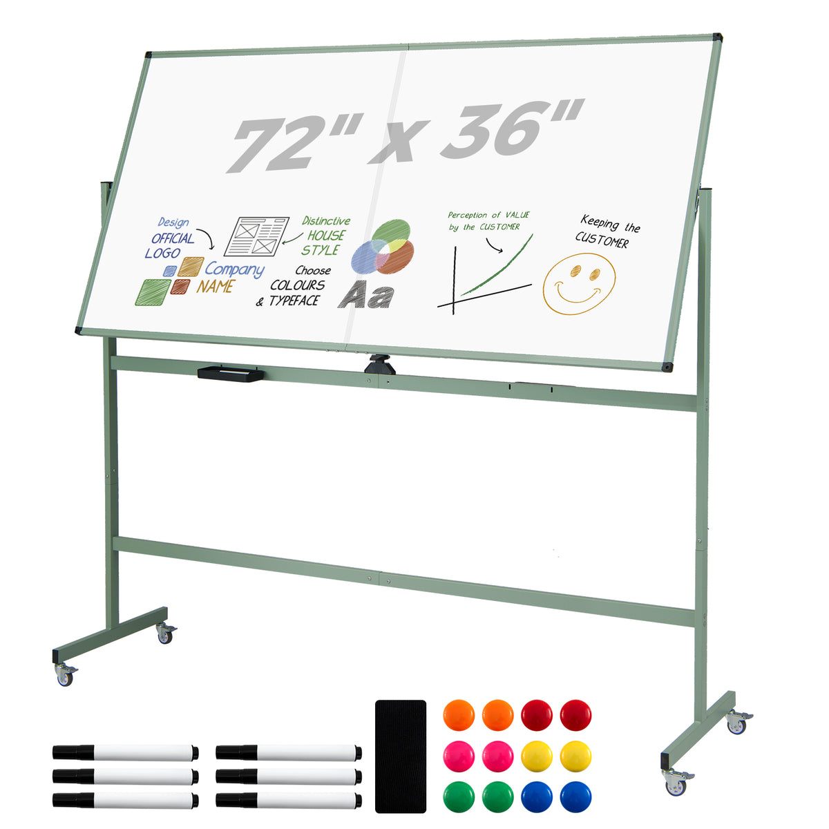 Rolling Double-Sided Magnetic Whiteboard - 72 x 36 Inch, Green