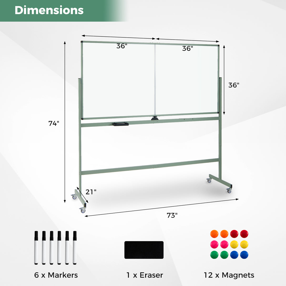 Rolling Double-Sided Magnetic Whiteboard on Wheels - 72 x 36 Inch, Green