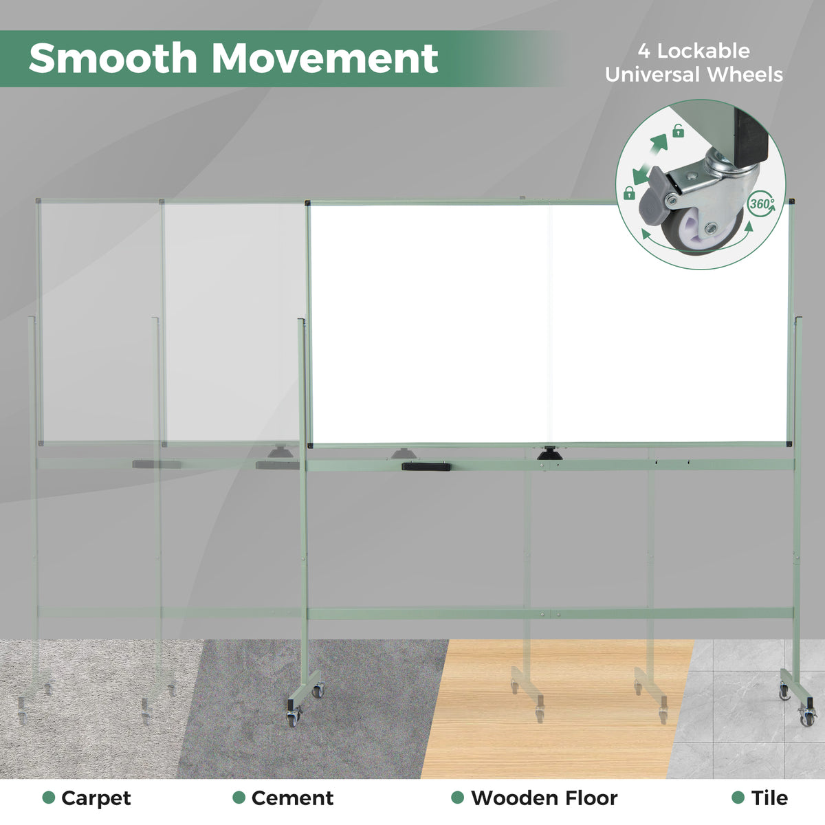 Rolling Double-Sided Magnetic Whiteboard - 72 x 36 Inch, Green