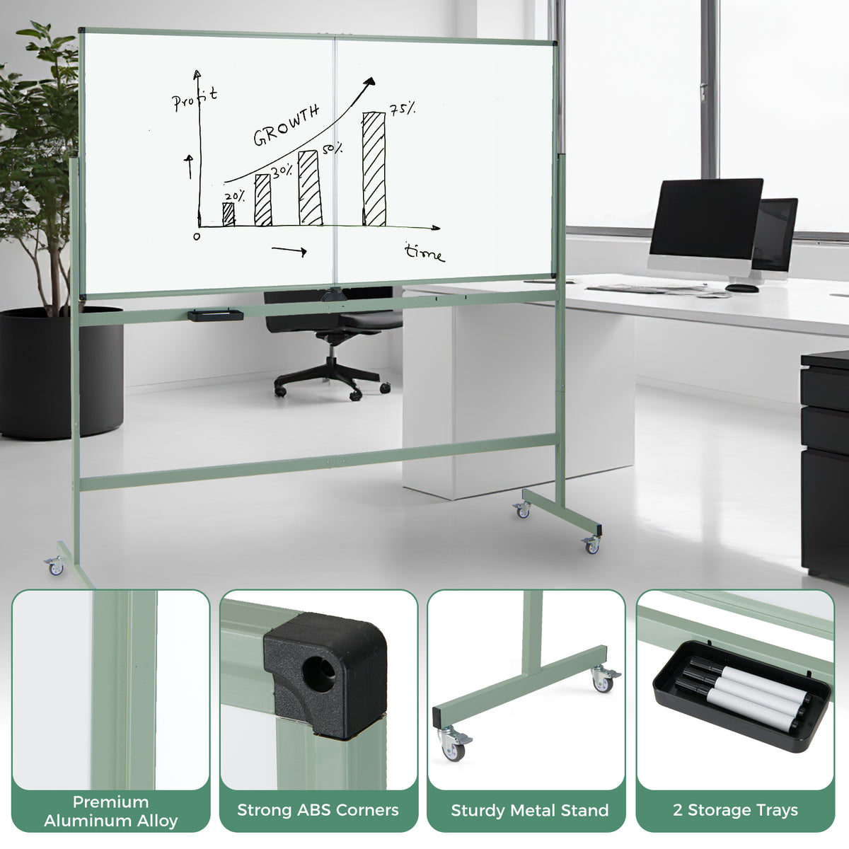 Rolling Double-Sided Magnetic Whiteboard - 72 x 36 Inch, Green