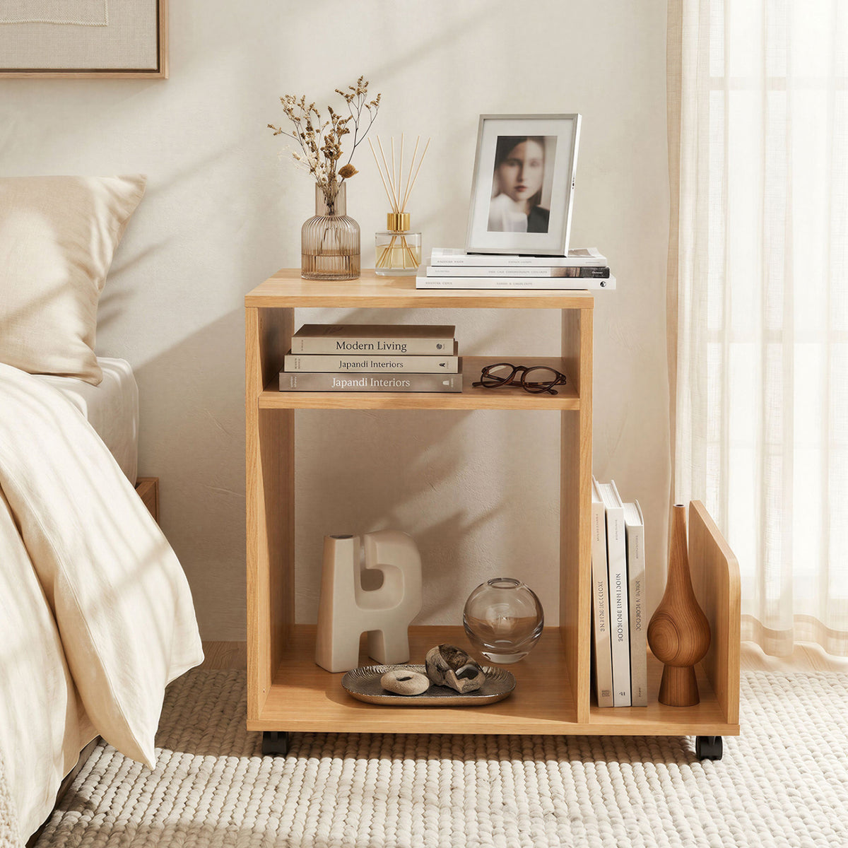 Rolling End Table 3-Tier with Wheels, Brown