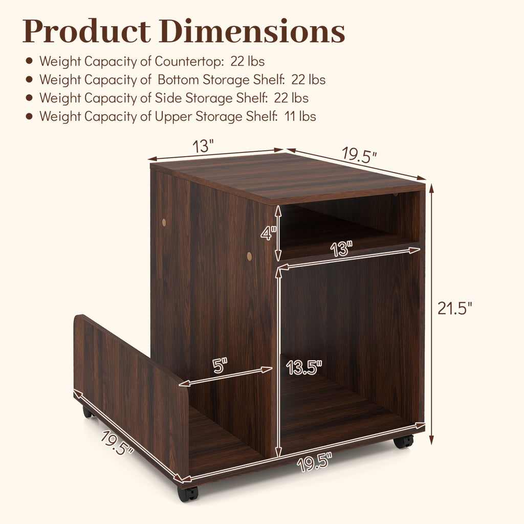 Rolling End Table 3-Tier with Wheels, Brown