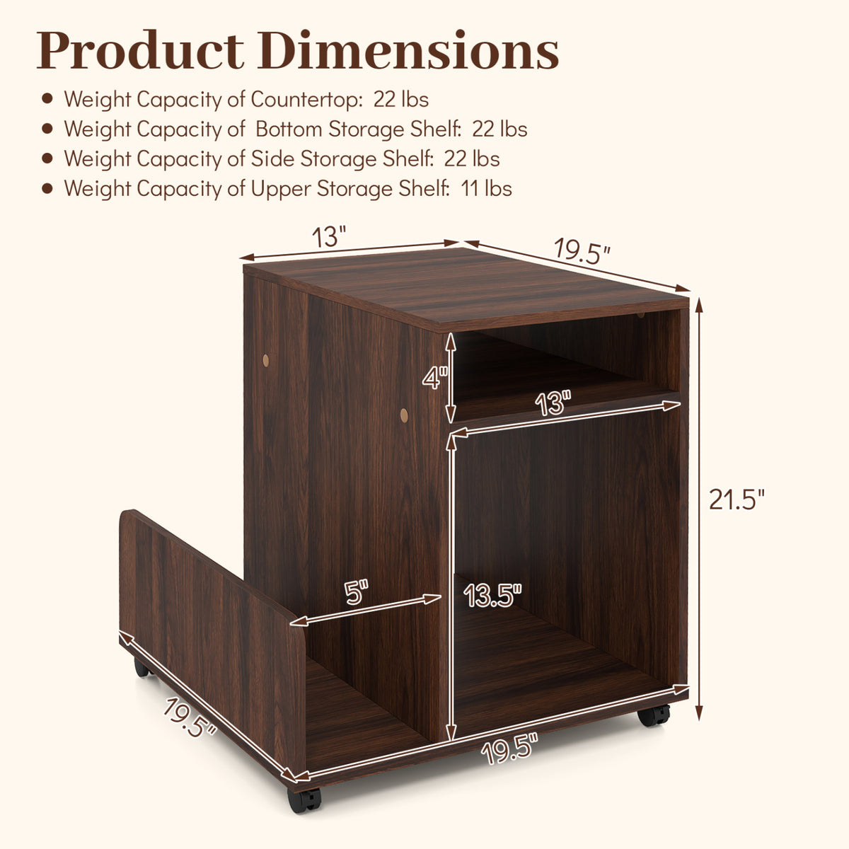 Rolling End Table 3-Tier with Wheels, Brown