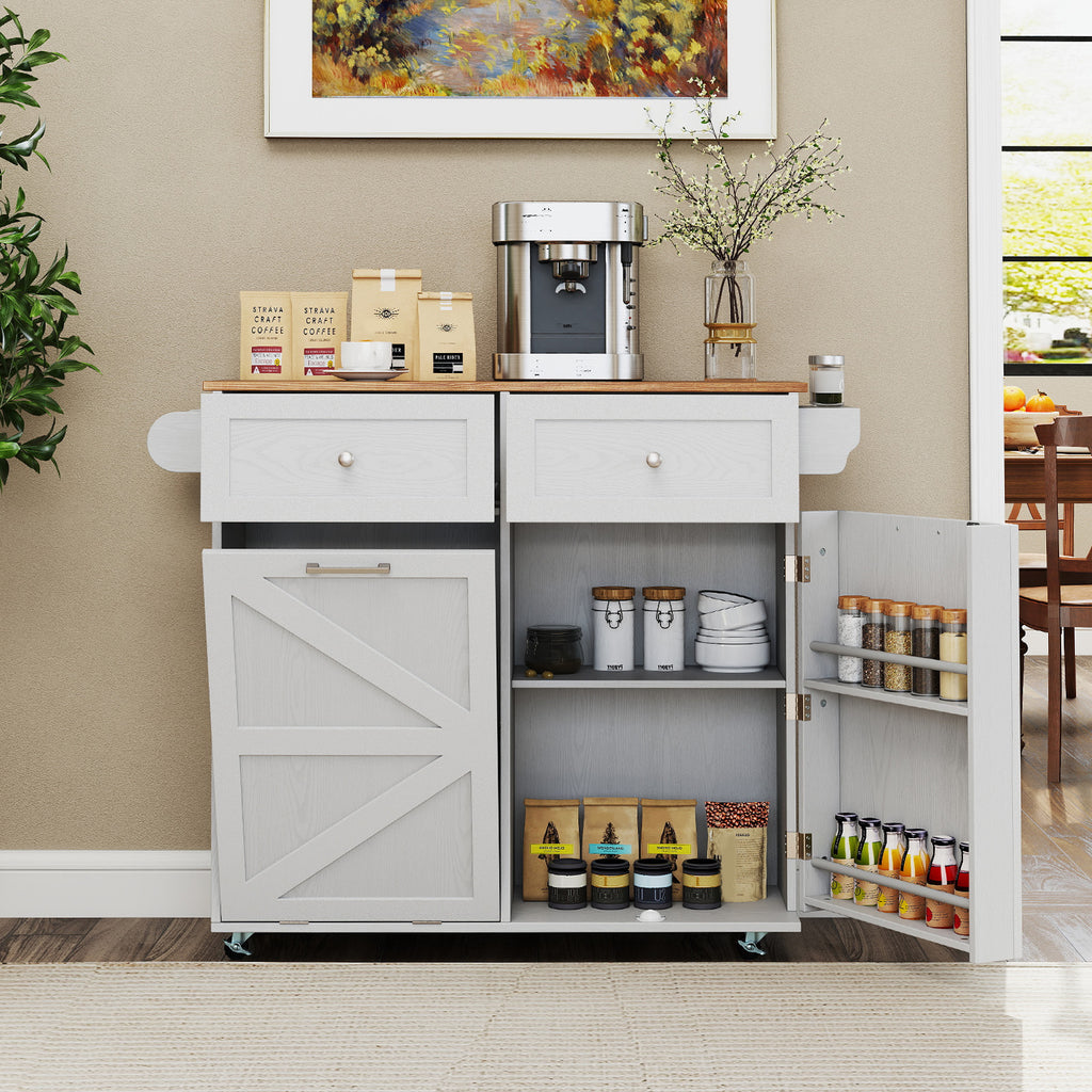 Rolling Kitchen Island with Trash Can Cabinet - Gray