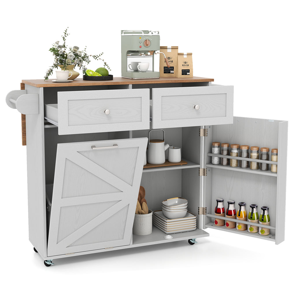 Rolling Kitchen Island with Trash Cabinet and Wheels - Gray