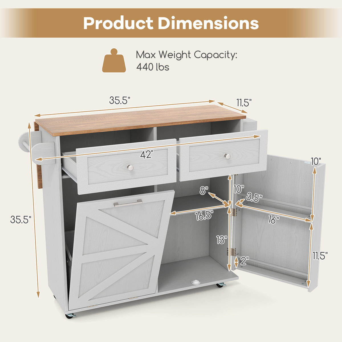 Rolling Kitchen Island with Trash Can Cabinet - Gray