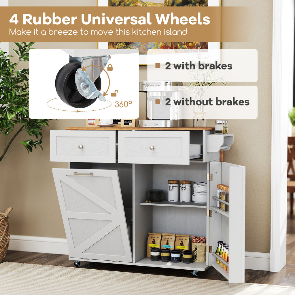 Rolling Kitchen Island with Trash Can Cabinet - Gray