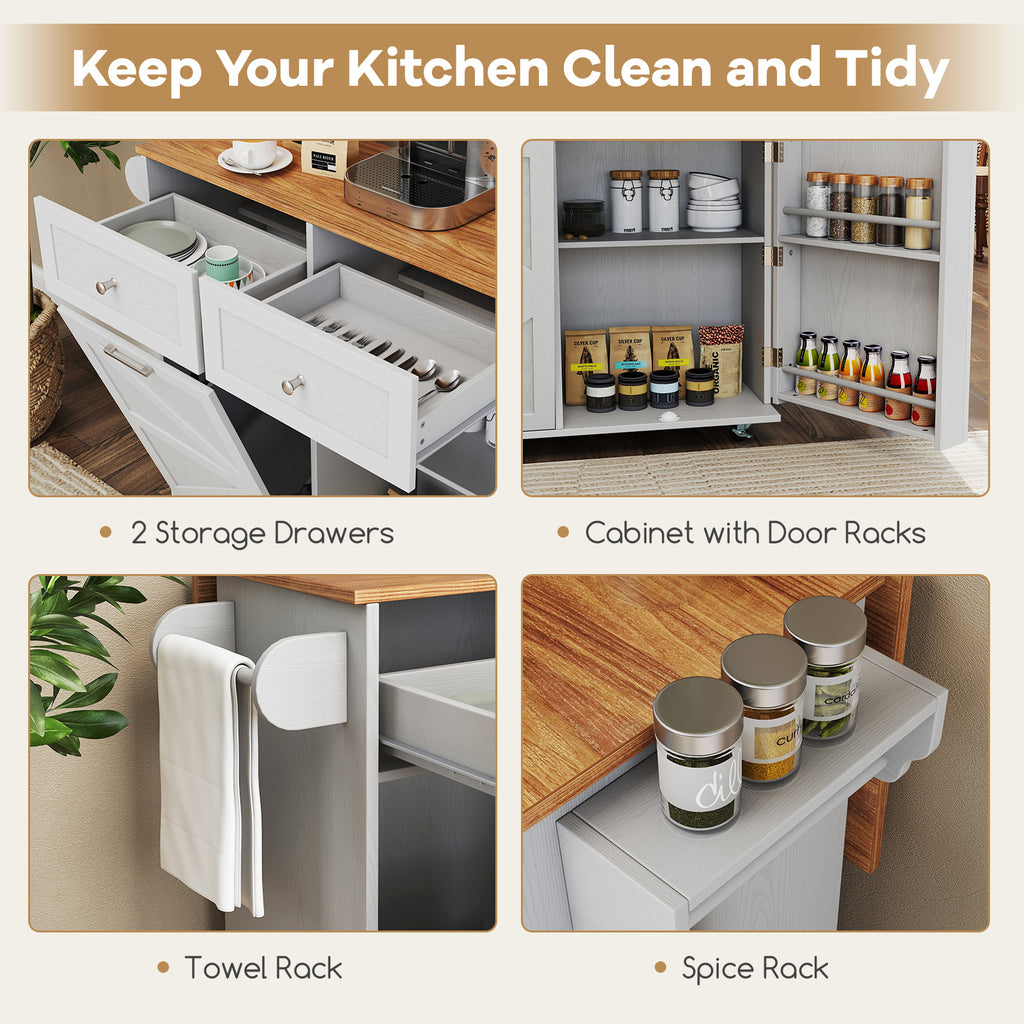 Rolling Kitchen Island with Trash Cabinet and Wheels - Gray