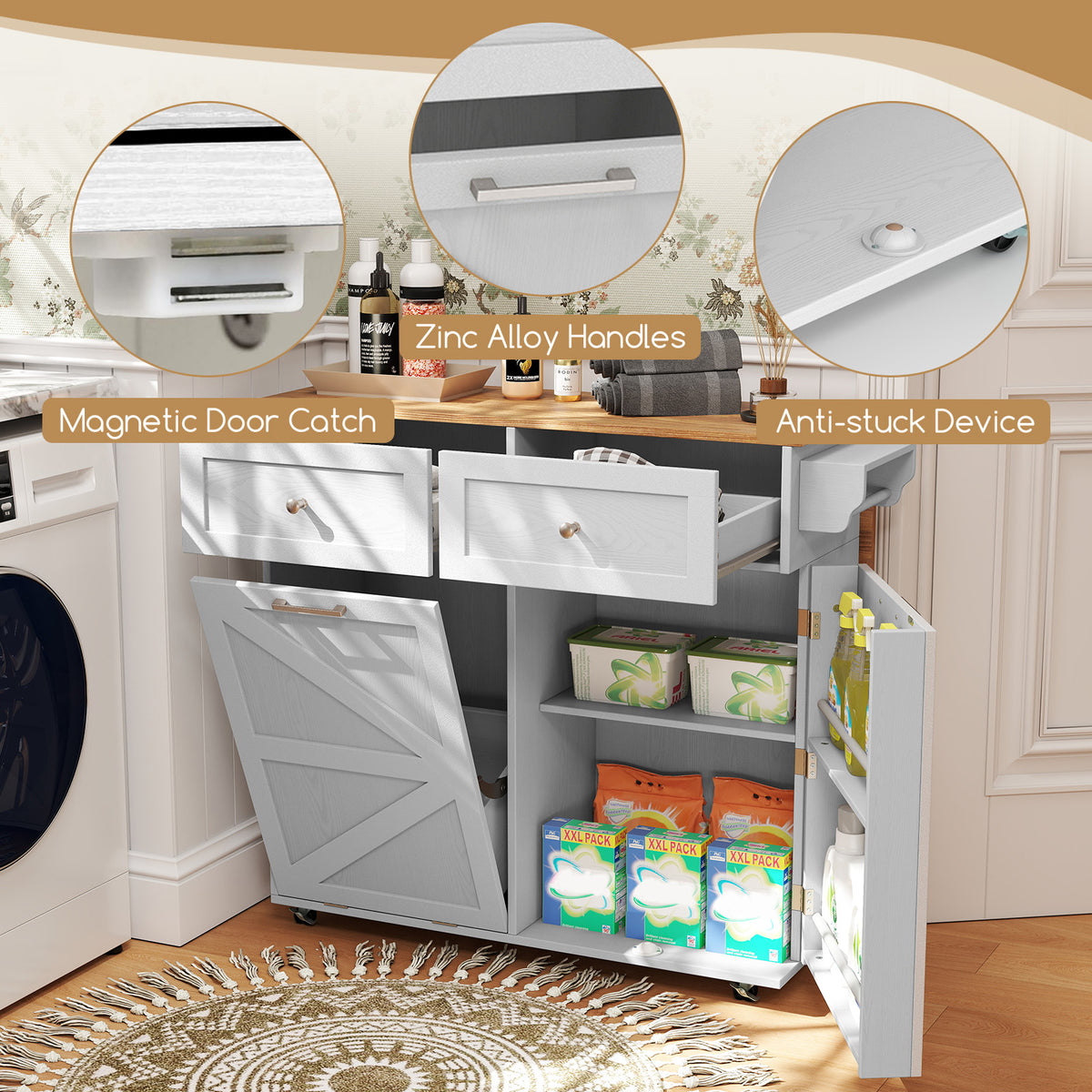 Rolling Kitchen Island with Trash Cabinet and Wheels - Gray