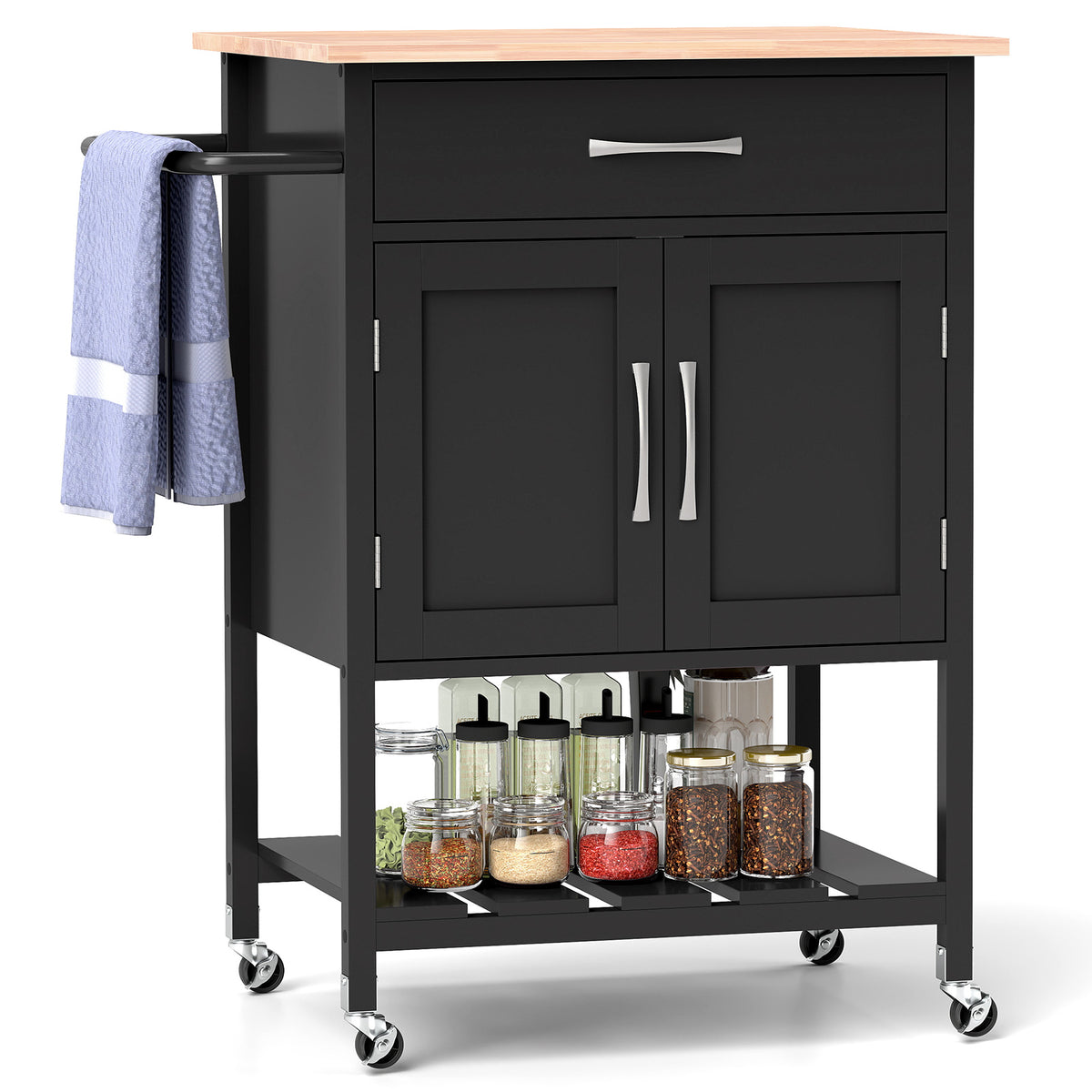 Rolling Kitchen Island Cart with Drawer and Towel Rack - Brown