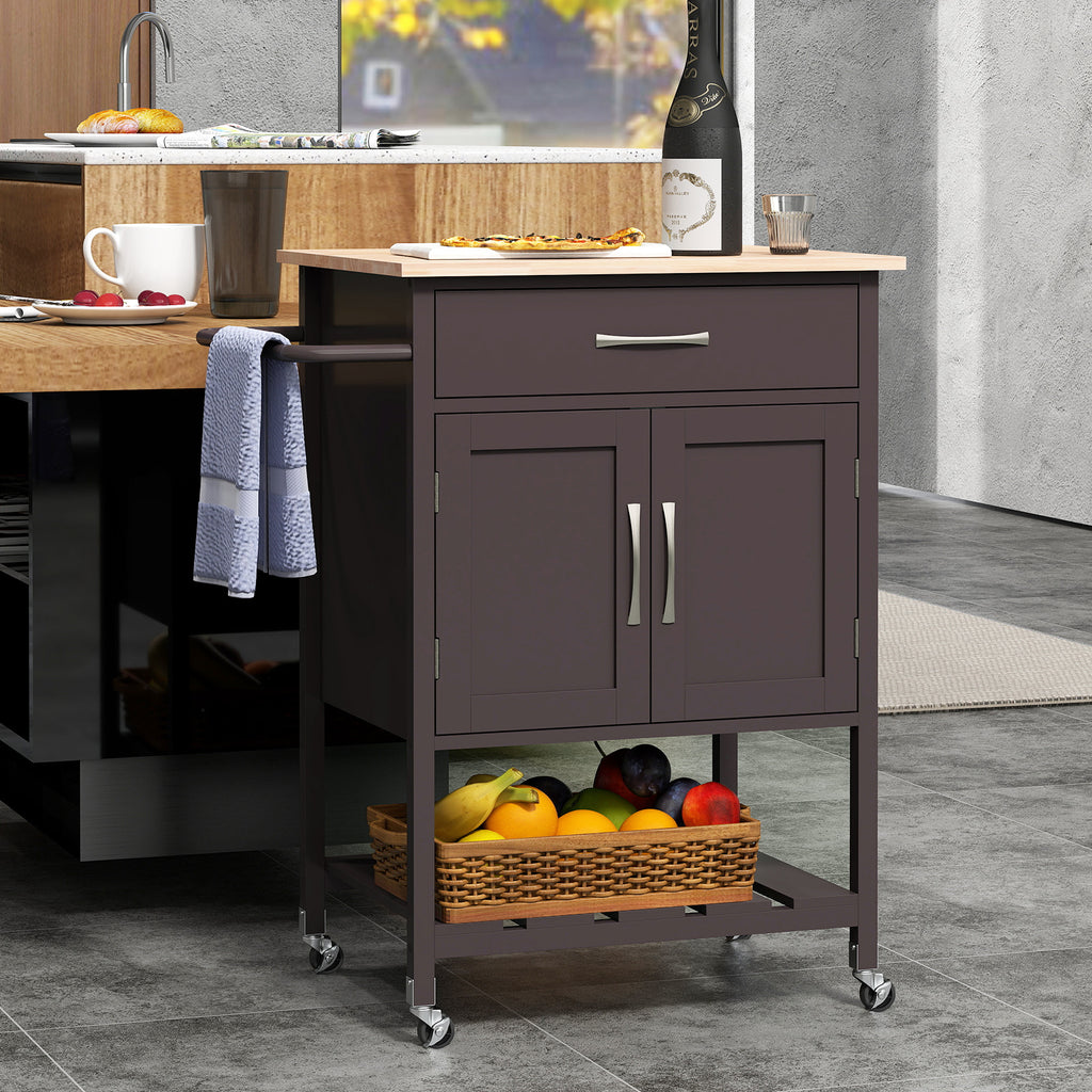 Rolling Kitchen Island Cart with Drawer and Towel Rack - Brown