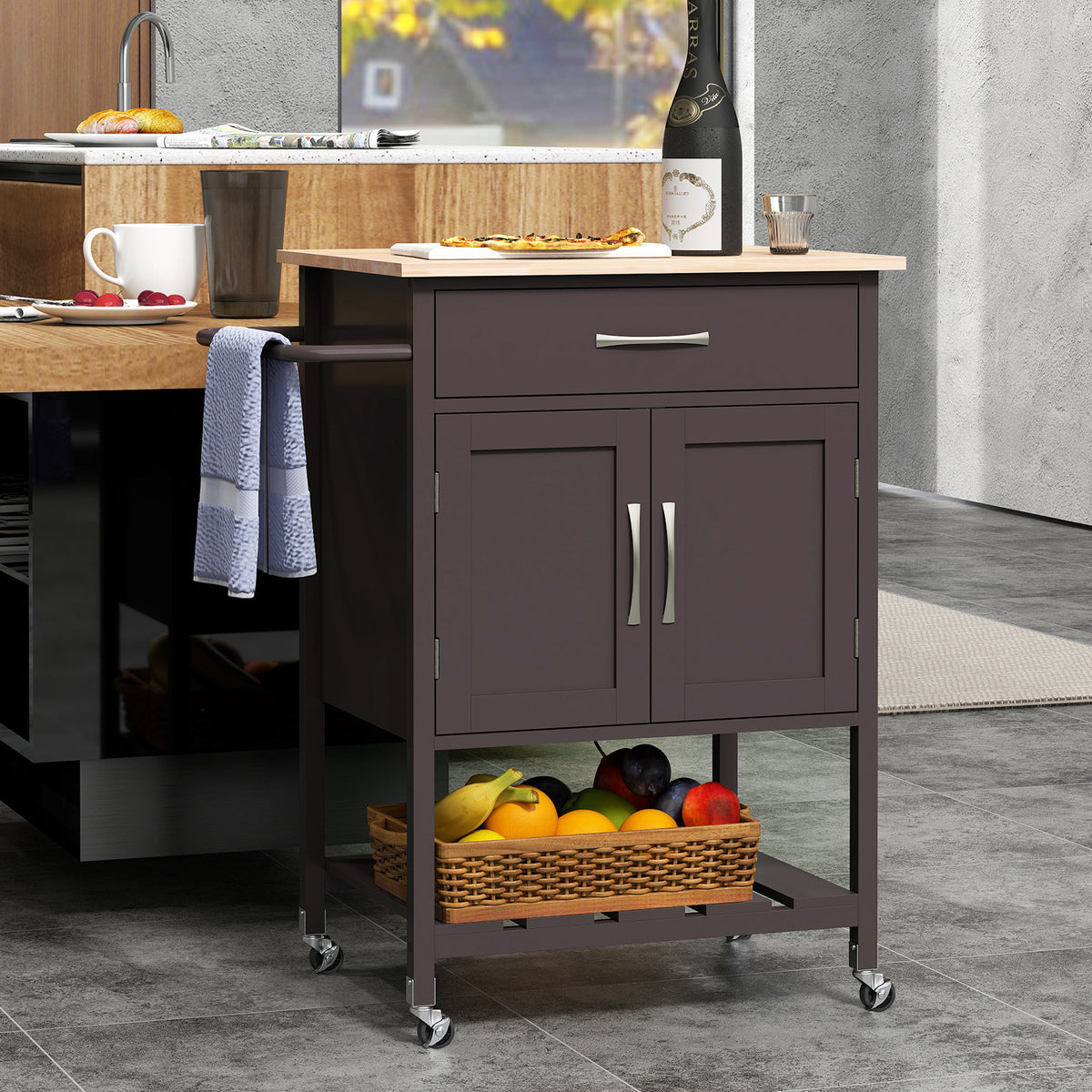 Rolling Kitchen Island Cart with Drawer and Towel Rack - Brown