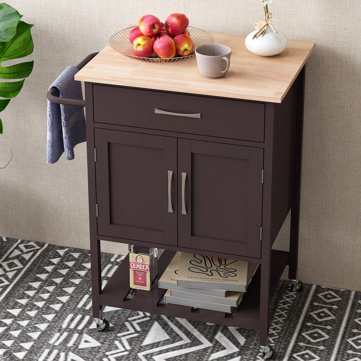 Rolling Kitchen Island Cart with Drawer and Towel Rack - Brown