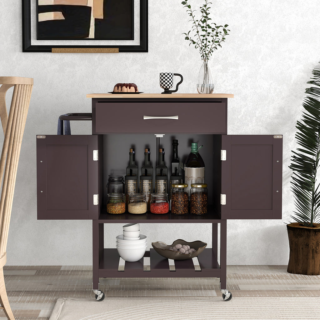 Rolling Kitchen Island Cart with Drawer and Towel Rack - Brown