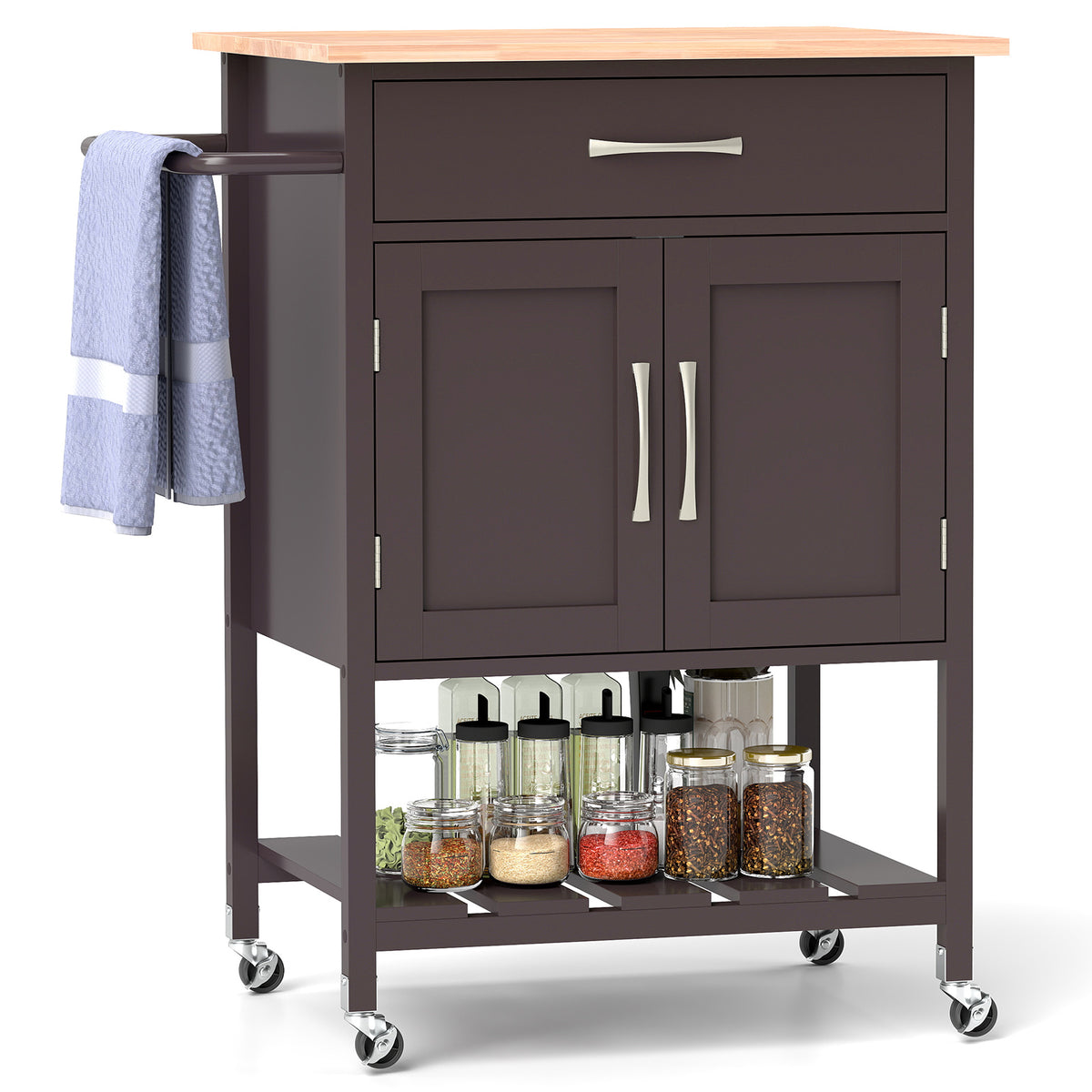 Rolling Kitchen Island Cart with Drawer and Towel Rack - Brown