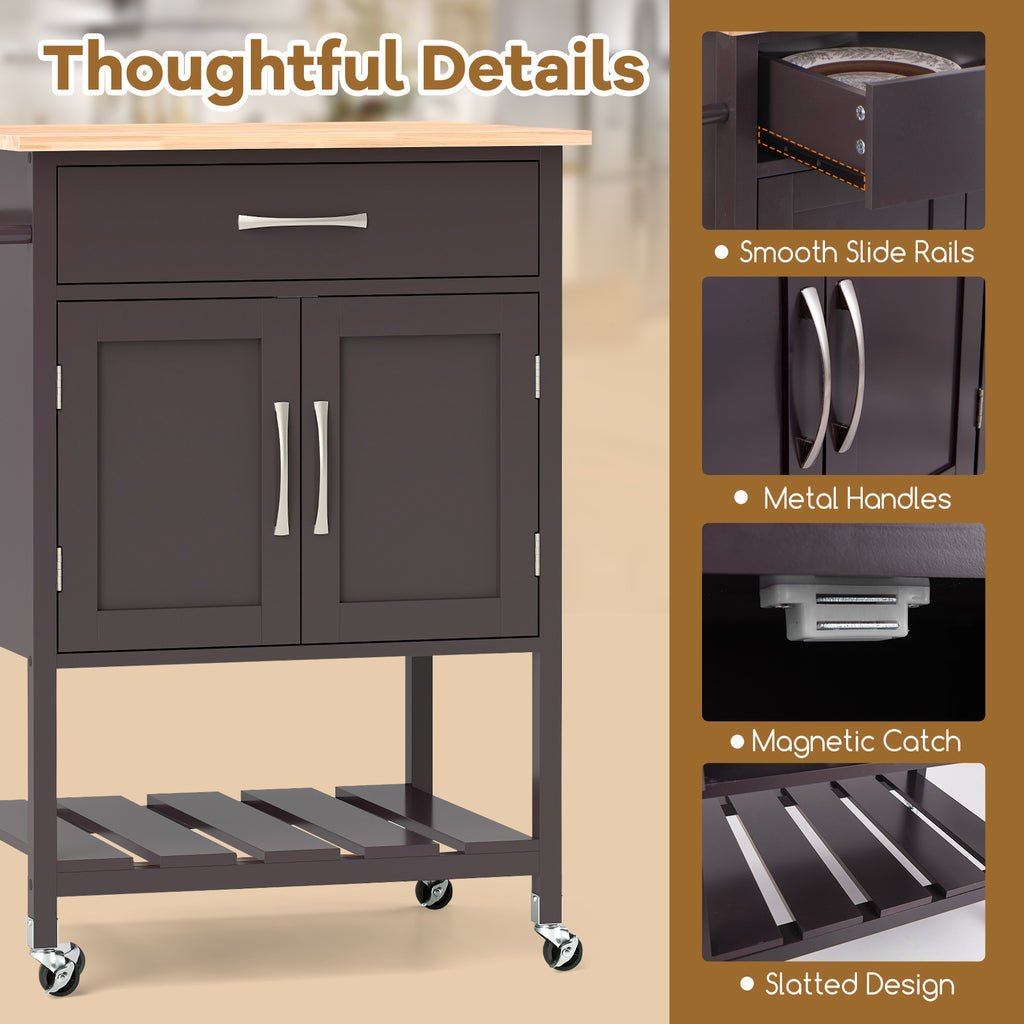 Rolling Kitchen Island Cart with Drawer and Towel Rack - Brown