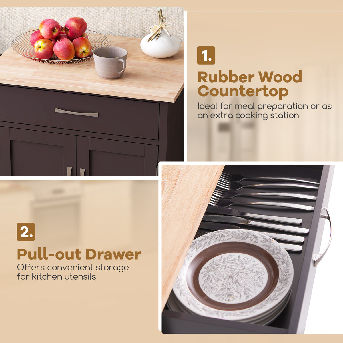 Rolling Kitchen Island Cart with Drawer and Towel Rack - Brown