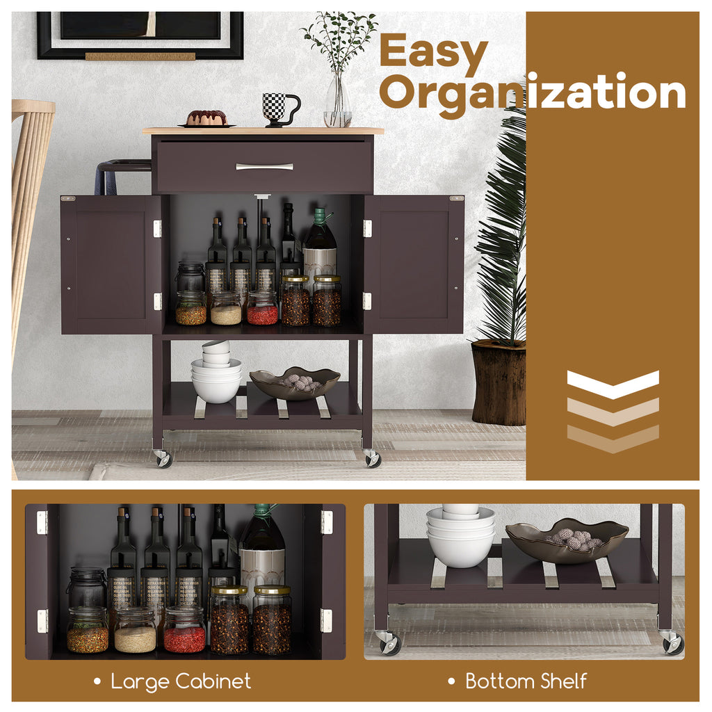 Rolling Kitchen Island Cart with Drawer and Towel Rack - Brown