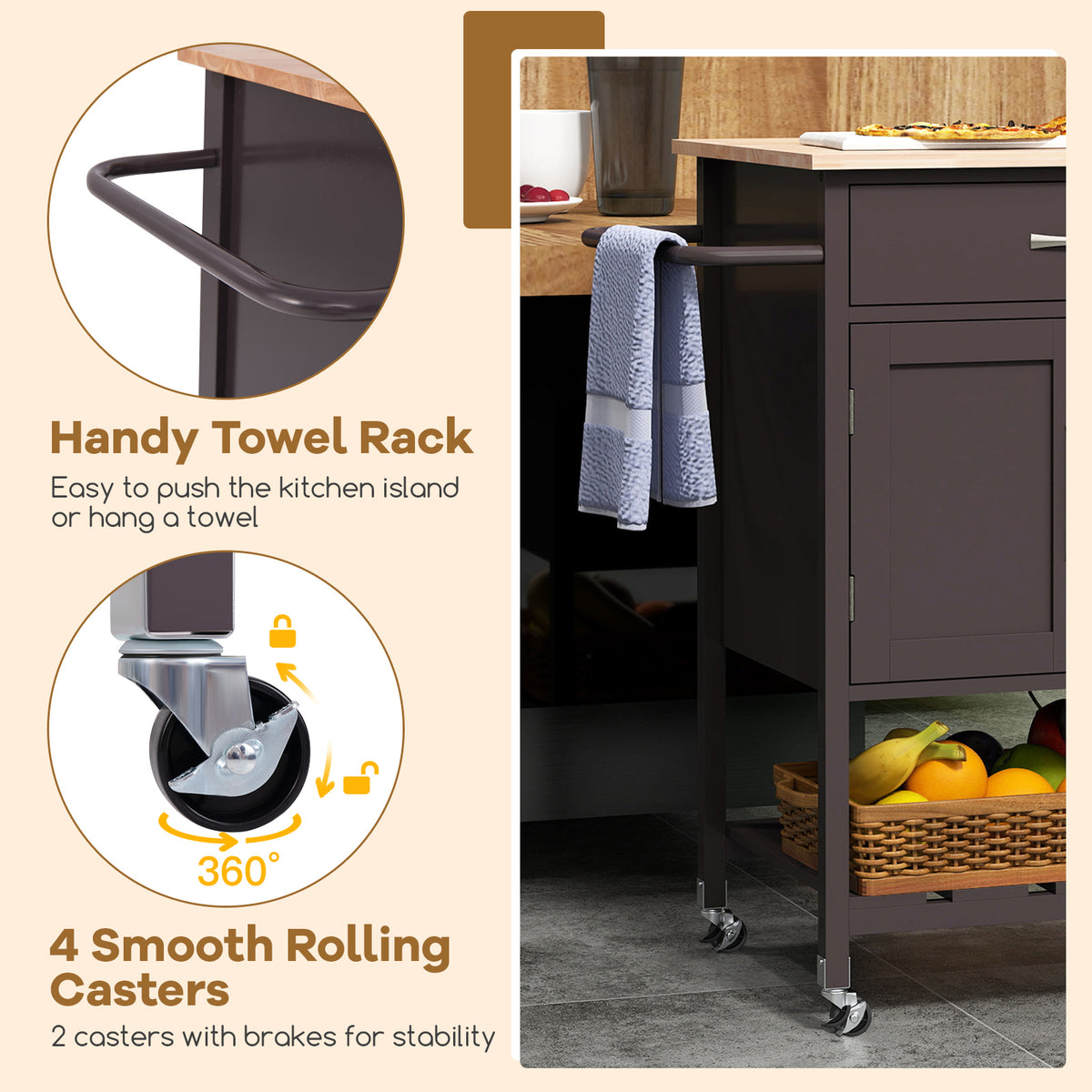Rolling Kitchen Island Cart with Drawer and Towel Rack - Brown