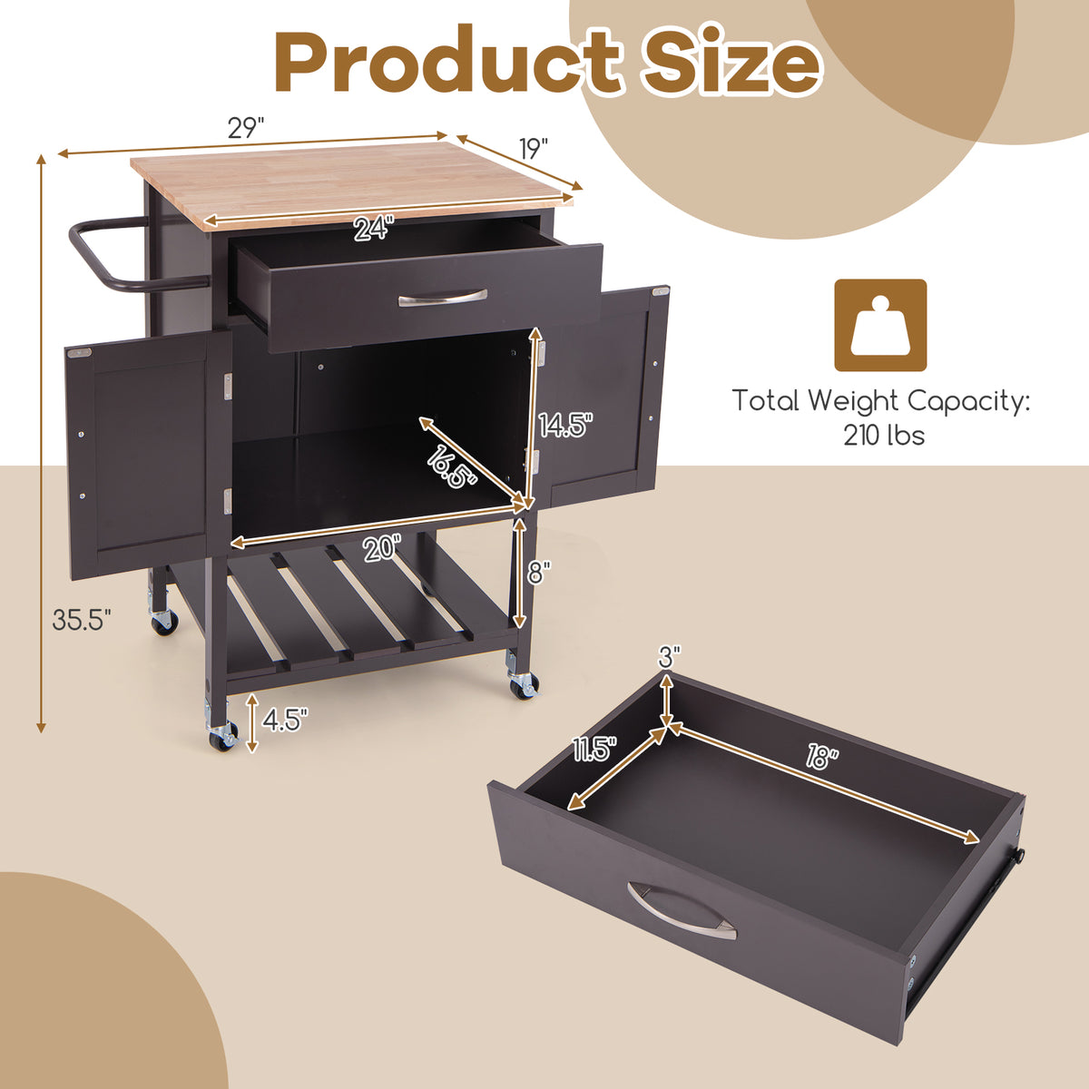 Rolling Kitchen Island Cart with Drawer and Towel Rack - Brown