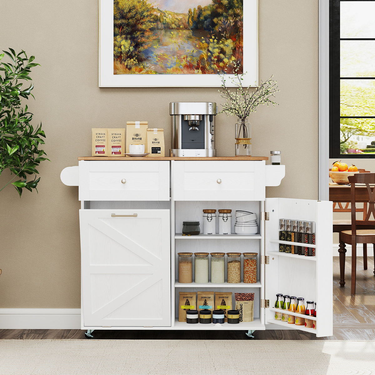 Rolling Kitchen Island with Trash Can Cabinet - Gray