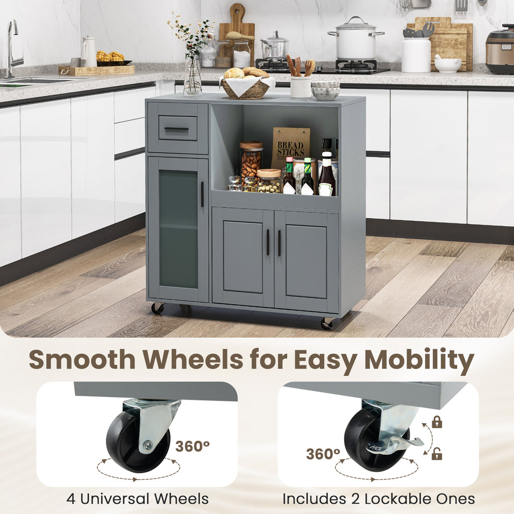 Rolling Kitchen Island with Drawer and Glass Door Cabinet - Gray