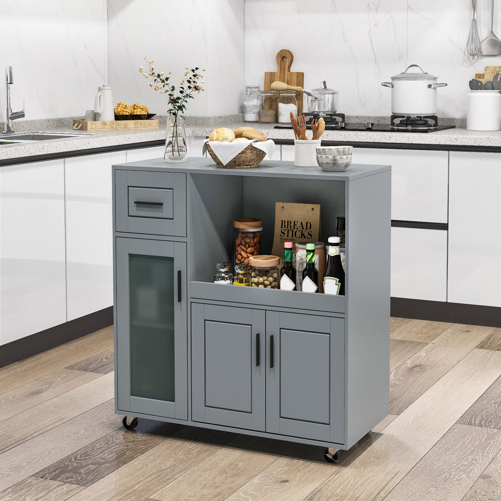 Rolling Kitchen Island with Drawer and Glass Door Cabinet - Gray