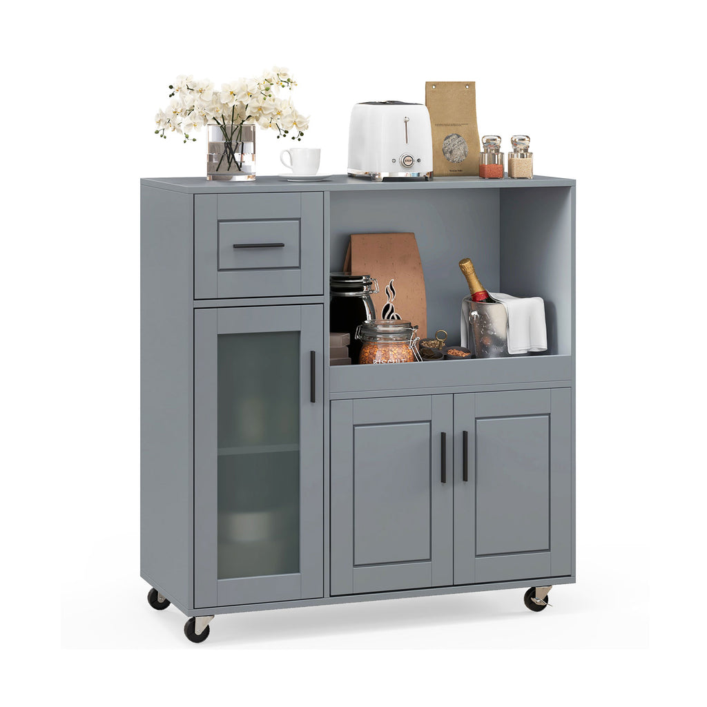 Rolling Kitchen Island with Drawer and Glass Door Cabinet - Gray