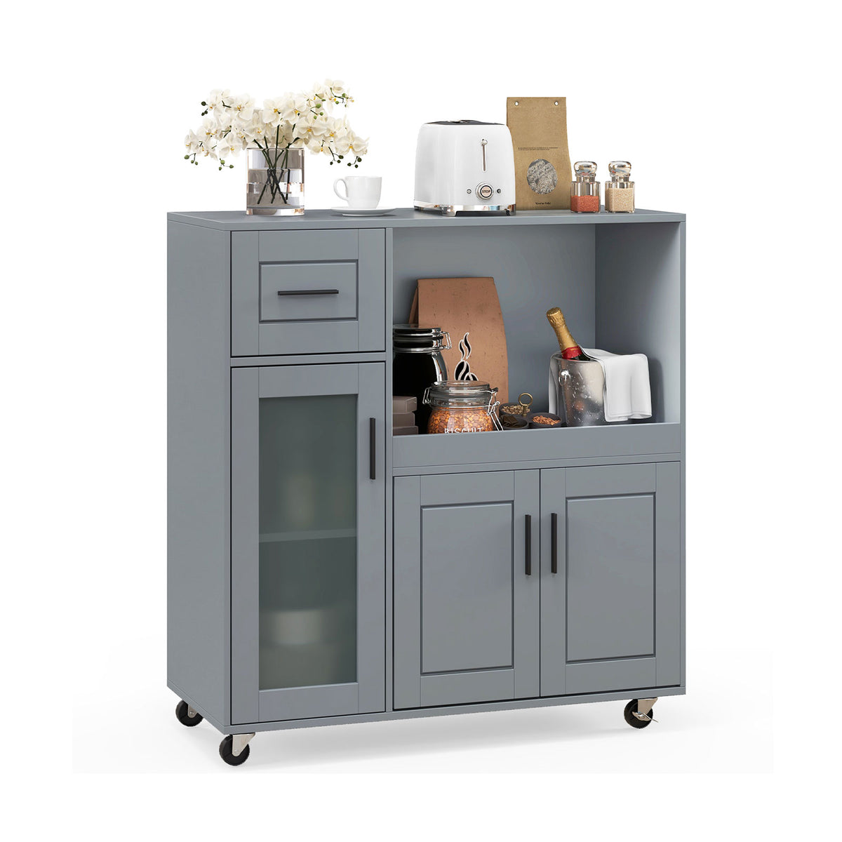 Rolling Kitchen Island with Drawer and Glass Door - Gray