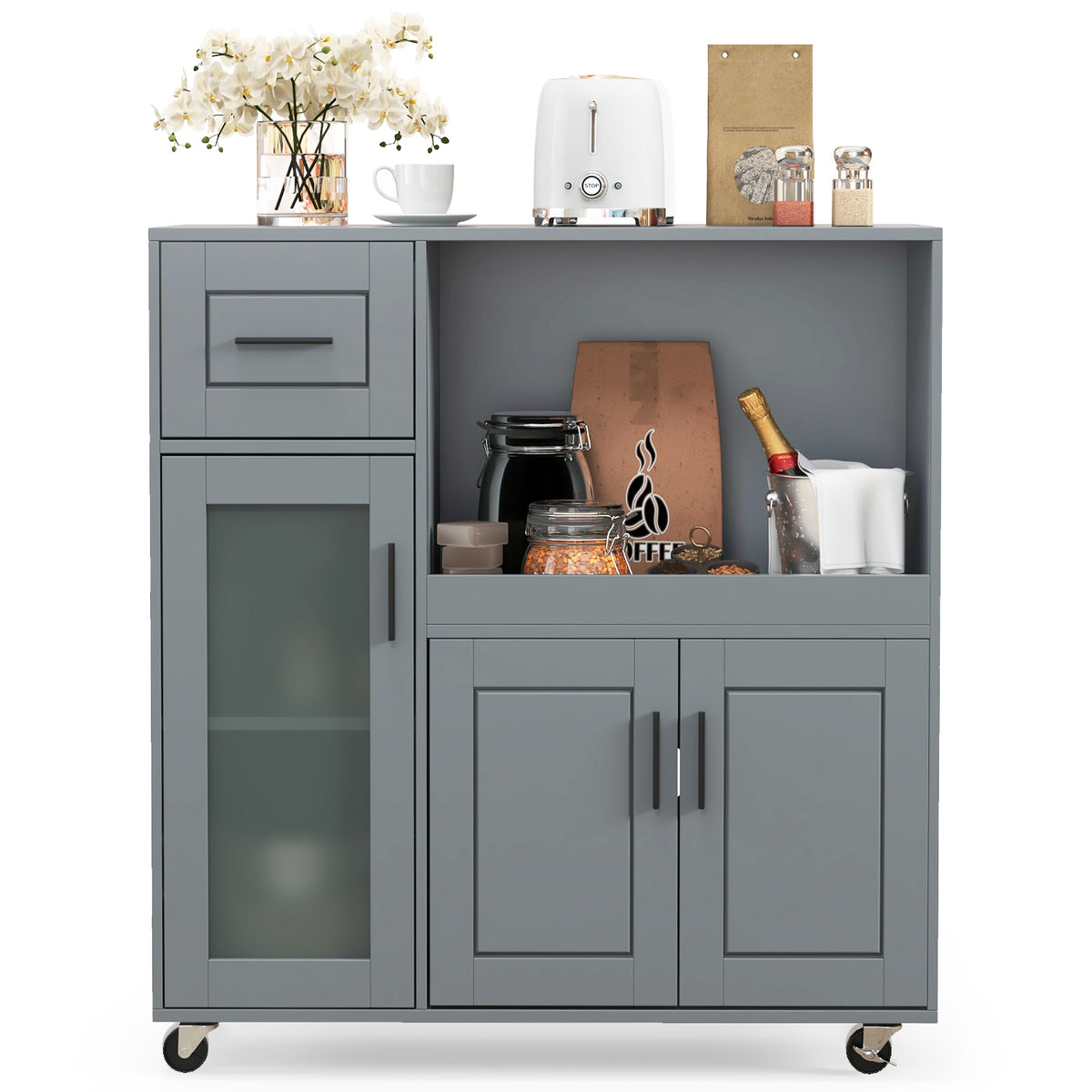 Rolling Kitchen Island with Drawer and Glass Door Cabinet - Gray