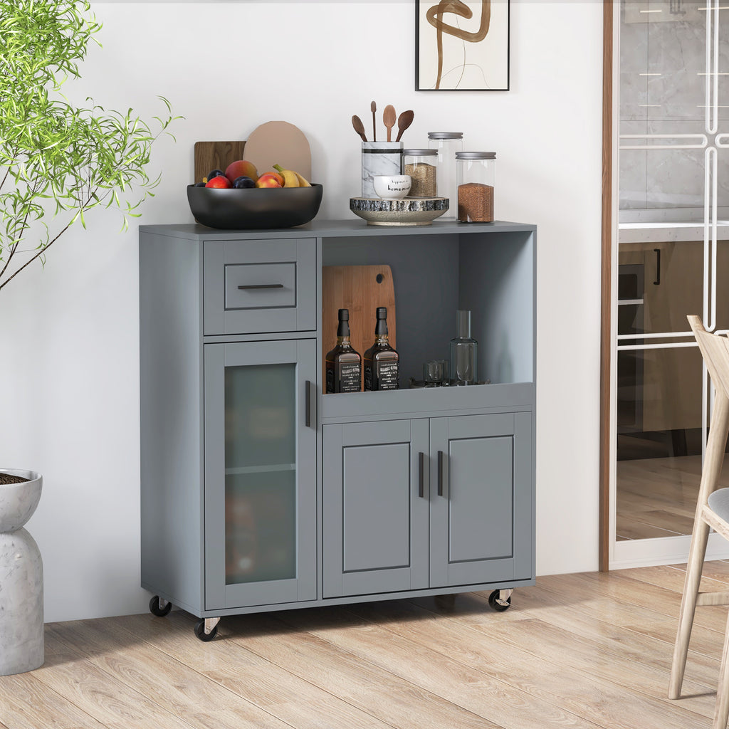 Rolling Kitchen Island with Drawer and Glass Door Cabinet - Gray