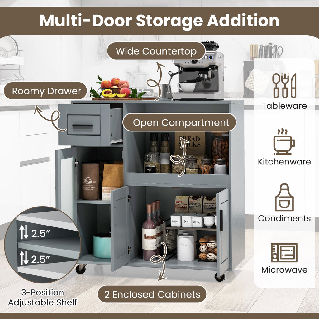 Rolling Kitchen Island with Drawer and Glass Door Cabinet - Gray