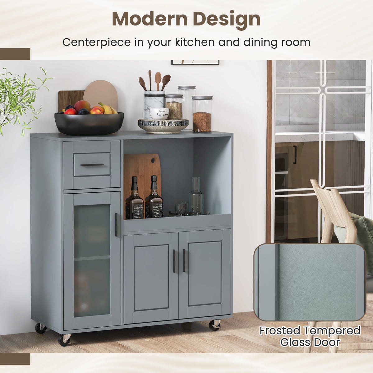 Rolling Kitchen Island with Drawer and Glass Door - Gray