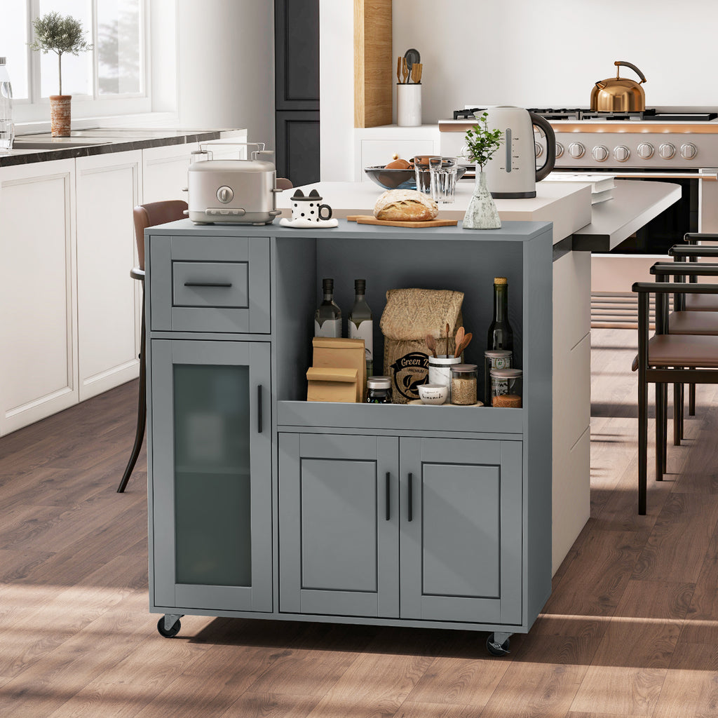 Rolling Kitchen Island with Drawer and Glass Door Cabinet - Gray