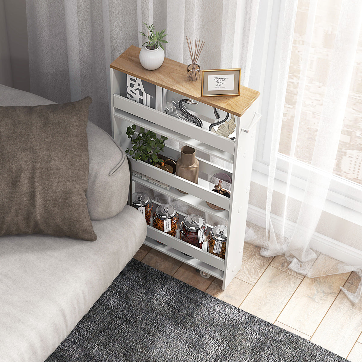 Narrow Mobile Serving Cart with Open Shelves, White