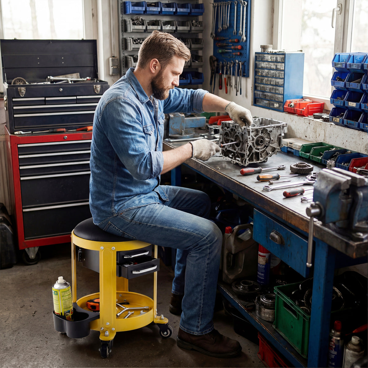 Rolling Mechanic Stool with Removable Padded Seat and Drawers