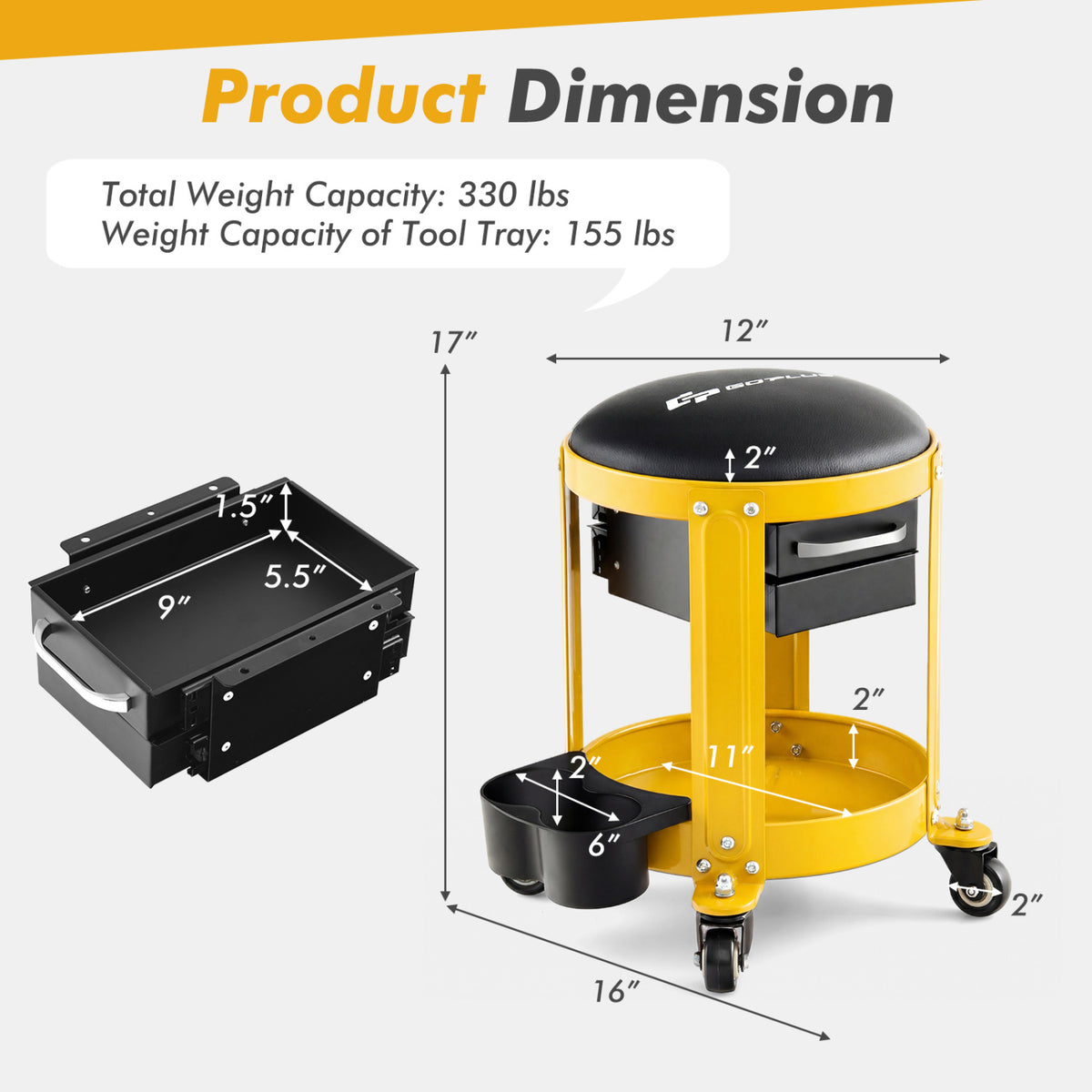 Rolling Mechanic Stool with Removable Padded Seat and Drawers