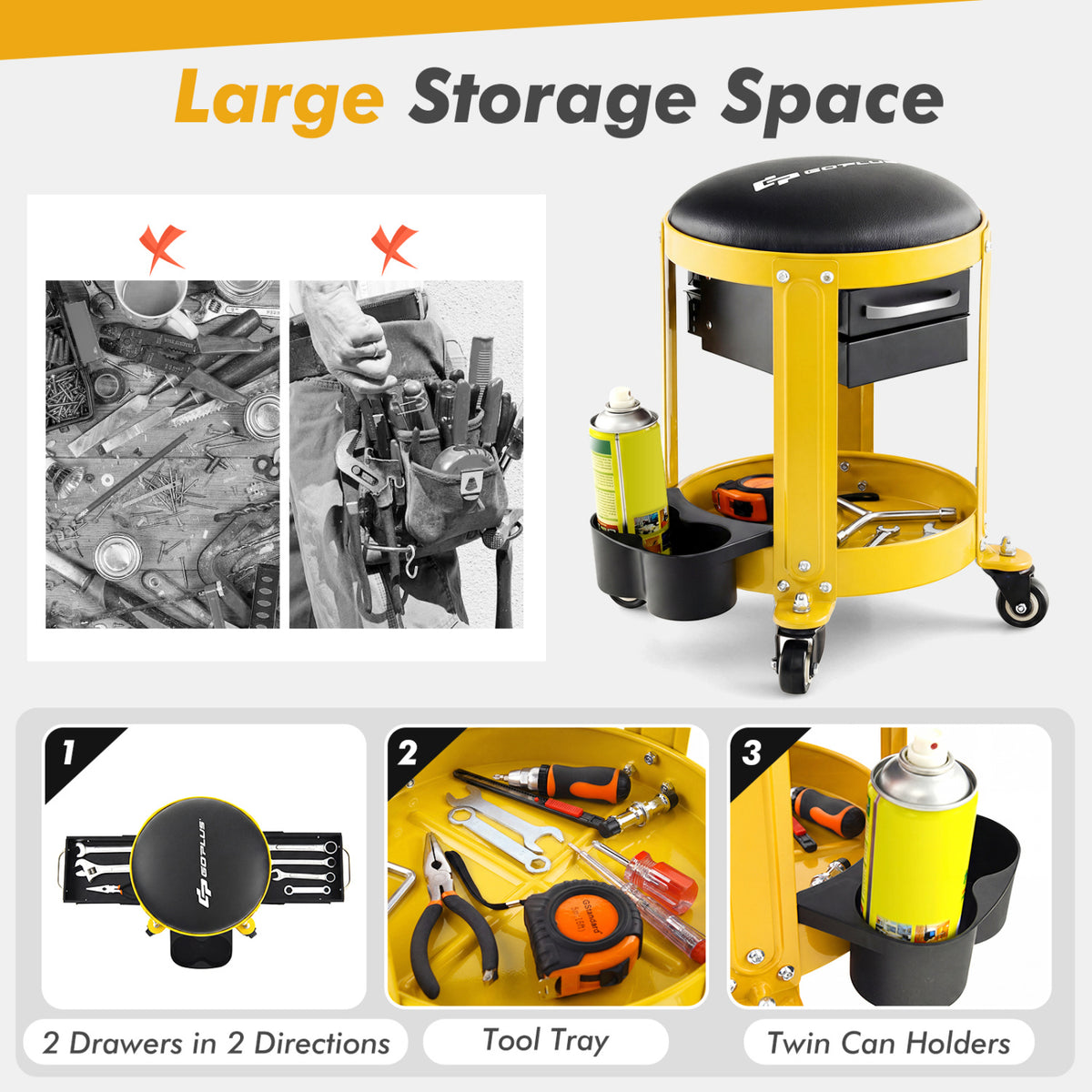 Rolling Mechanic Stool with Removable Padded Seat and Drawers