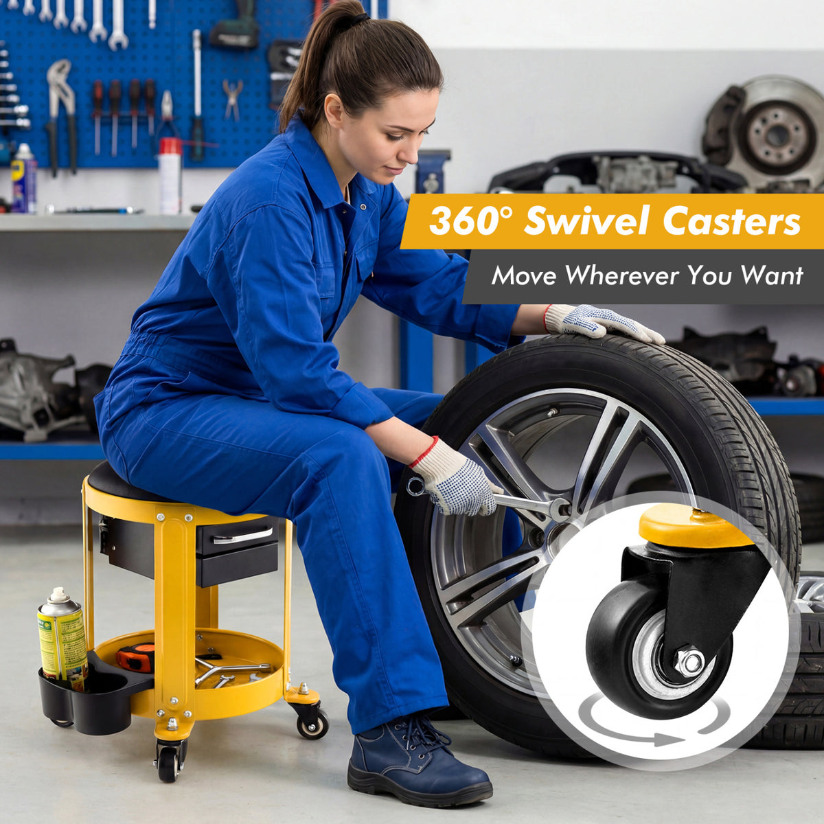 Rolling Mechanic Stool with Removable Padded Seat and Drawers