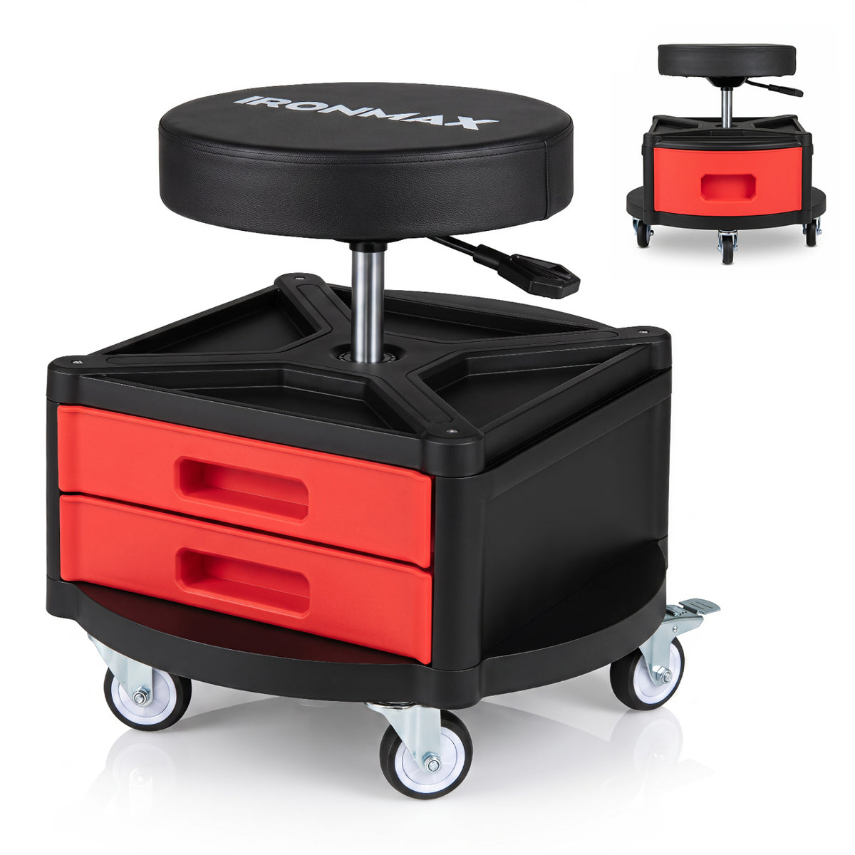 Rolling Mechanic Stool with Cushioned Seat & Dual Tool Trays 330 LBS