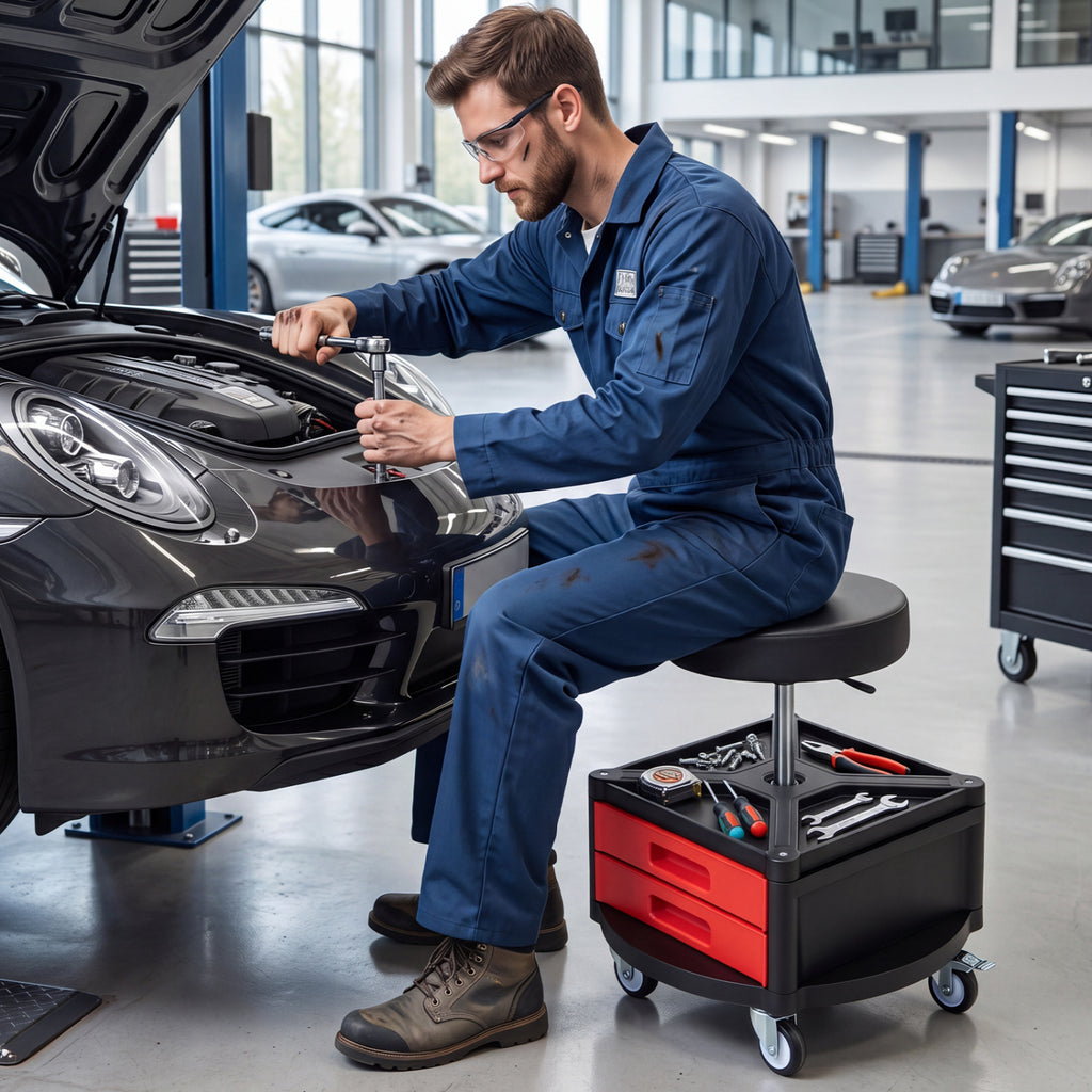 Rolling Mechanic Stool with Cushioned Seat & Dual Tool Trays 330 LBS