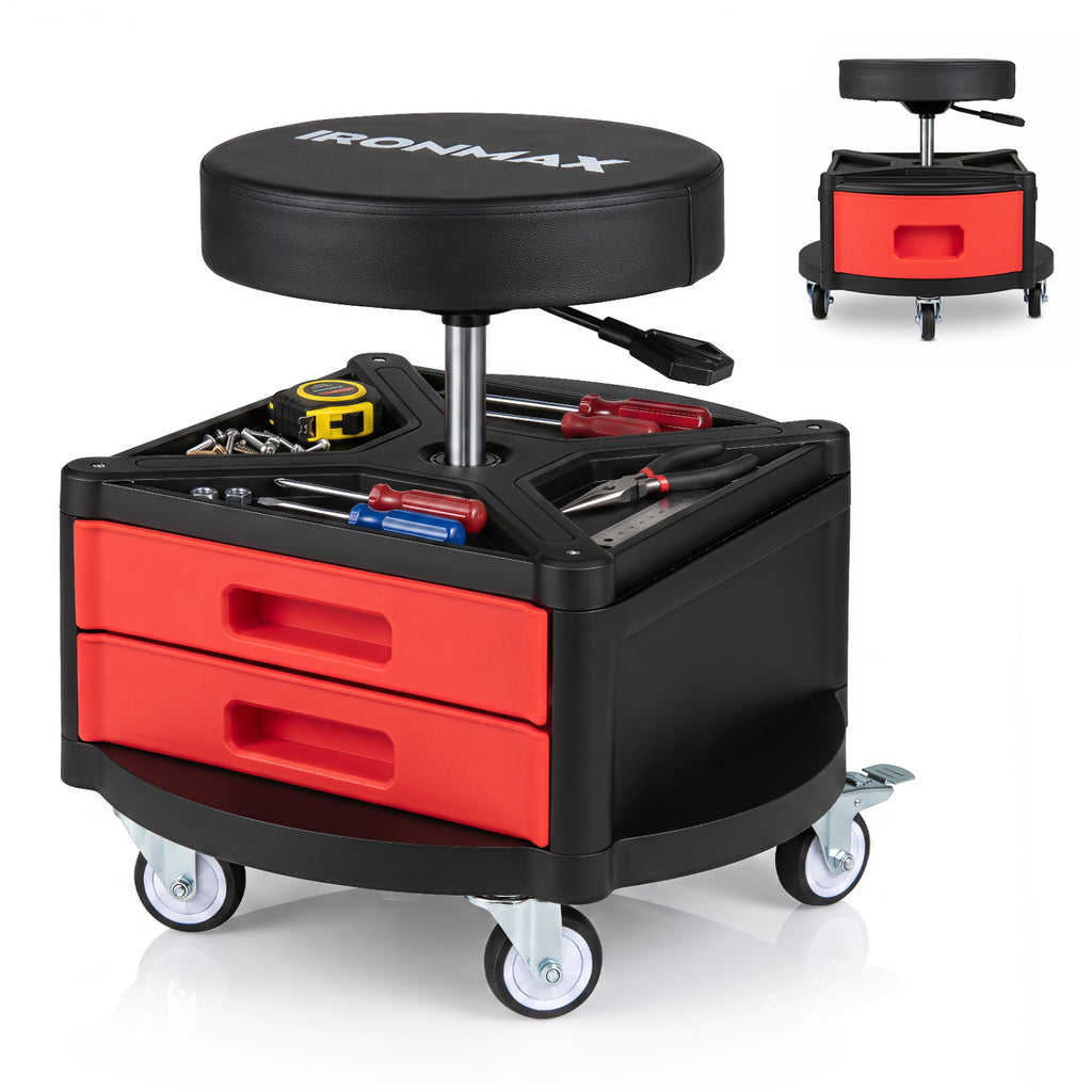 Rolling Mechanic Stool with Cushioned Seat & Dual Tool Trays 330 LBS