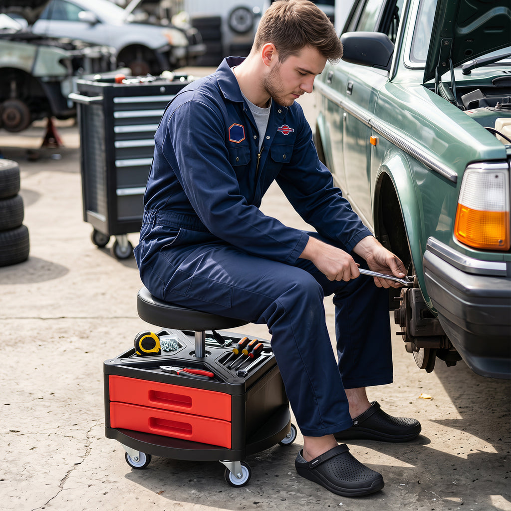 Rolling Mechanic Stool with Cushioned Seat & Dual Tool Trays 330 LBS
